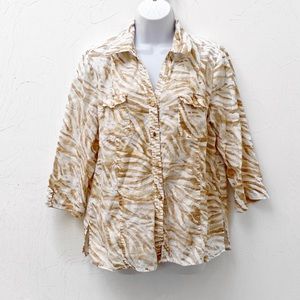 JM Collection Women’s Size 14 Tan/Cream Animal Print 100% Linen Top Blouse Shirt